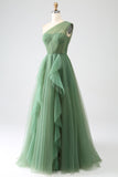 Robes de soirée longues à une épaule en tulle vert foncé