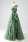 Robes de soirée longues à une épaule en tulle vert foncé