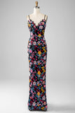Robe de soirée longue à bretelles spaghetti sirène fleurie noire avec broderie