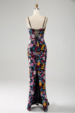 Robe de soirée longue à bretelles spaghetti sirène fleurie noire avec broderie
