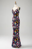 Robe de soirée longue à bretelles spaghetti sirène fleurie noire avec broderie