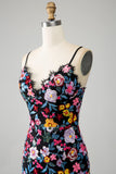 Robe de soirée longue à bretelles spaghetti sirène fleurie noire avec broderie