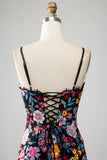 Robe de soirée longue à bretelles spaghetti sirène fleurie noire avec broderie