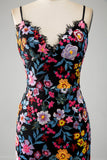 Robe de soirée longue à bretelles spaghetti sirène fleurie noire avec broderie