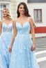 Charger l&#39;image dans la galerie, Charmante robe de soirée longue bleu ciel à bretelles spaghetti avec fente sur le devant