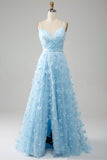 Robe de soirée perlée scintillante à bretelles spaghetti bleu ciel avec des papillons 3D