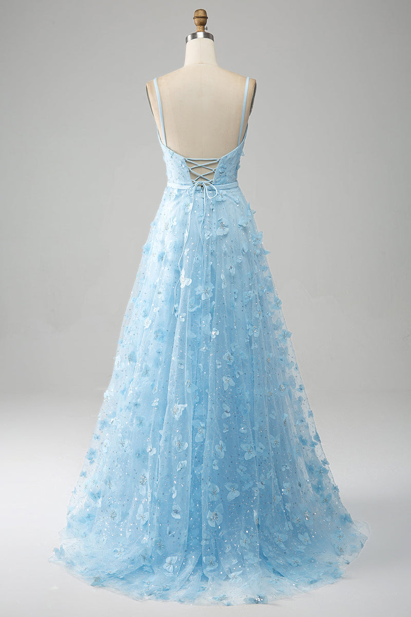 Charger l&#39;image dans la galerie, Robe de soirée perlée scintillante à bretelles spaghetti bleu ciel avec des papillons 3D