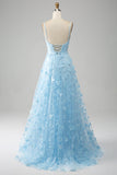 Robe de soirée perlée scintillante à bretelles spaghetti bleu ciel avec des papillons 3D