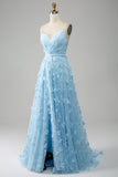 Robe de soirée perlée scintillante à bretelles spaghetti bleu ciel avec des papillons 3D