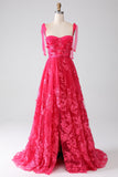 Robe de Soirée longue fuchsia à bretelles spaghetti et fente
