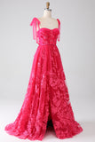Robe de Soirée longue fuchsia à bretelles spaghetti et fente