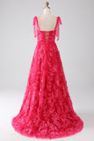 Robe de Soirée longue fuchsia à bretelles spaghetti et fente