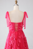 Robe de Soirée longue fuchsia à bretelles spaghetti et fente