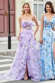 Magnifique une ligne bretelles spaghetti lilas longue robe de soirée avec des fleurs 3D