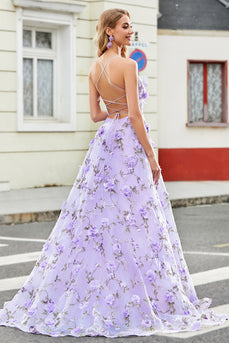 Magnifique une ligne bretelles spaghetti lilas longue robe de soirée avec des fleurs 3D