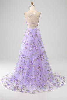 Robe de soirée longue à bretelles spaghetti A-Line lilas avec fleurs 3D