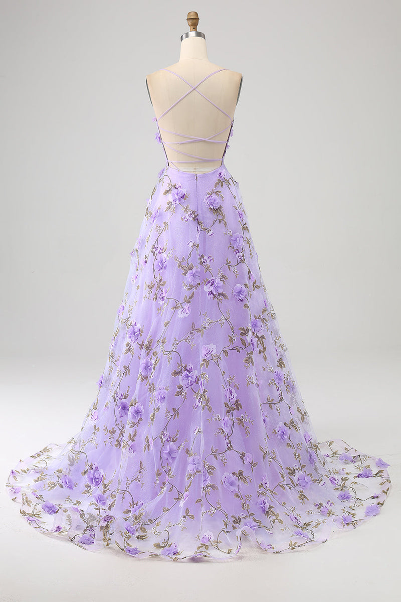 Charger l&#39;image dans la galerie, Robe de soirée longue à bretelles spaghetti A-Line lilas avec fleurs 3D