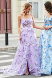 Magnifique une ligne bretelles spaghetti lilas longue robe de soirée avec des fleurs 3D