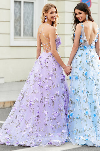 Magnifique une ligne bretelles spaghetti lilas longue robe de soirée avec des fleurs 3D
