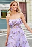 Magnifique une ligne bretelles spaghetti lilas longue robe de soirée avec des fleurs 3D