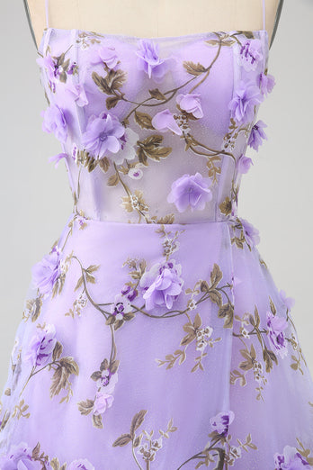 Robe de soirée longue à bretelles spaghetti A-Line lilas avec fleurs 3D