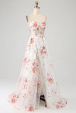 Robe de soirée longue Corset brodée de fleurs ivoire avec fente