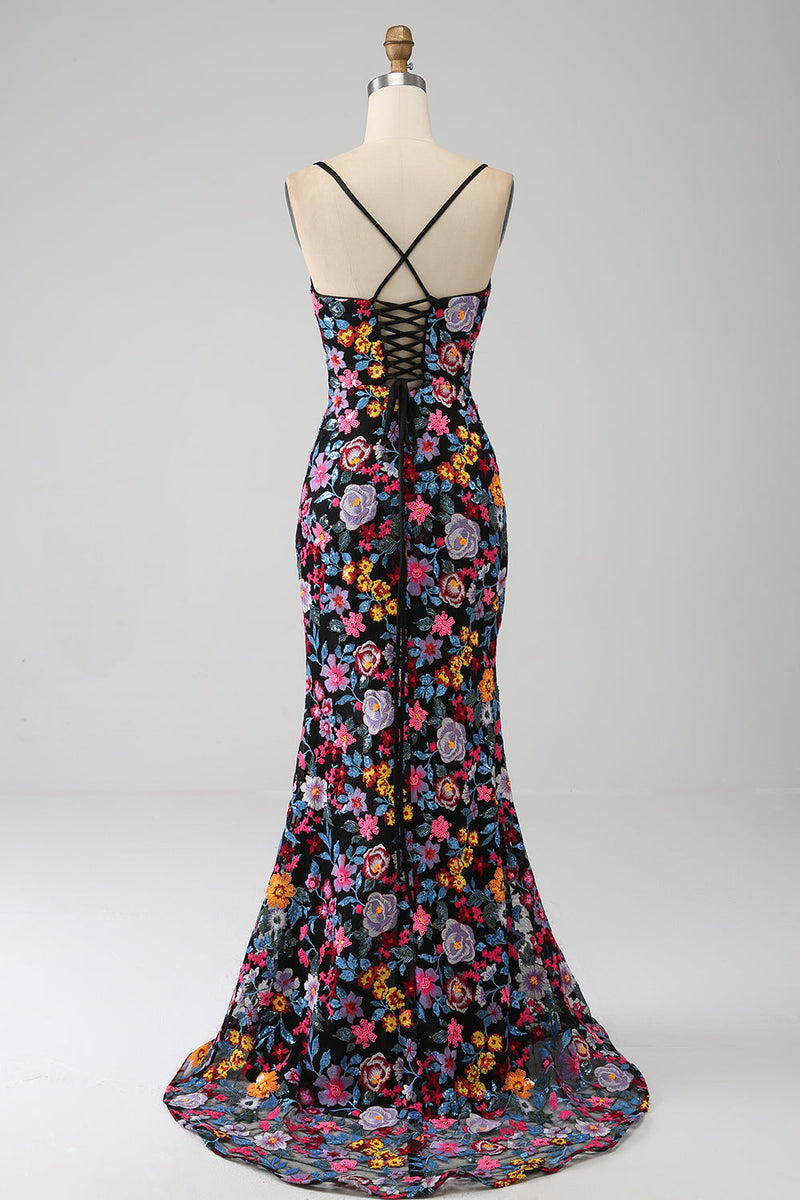 Charger l&#39;image dans la galerie, Mermaid Spaghetti Straps Black Flower Embroidered Prom Dress With Side Slit