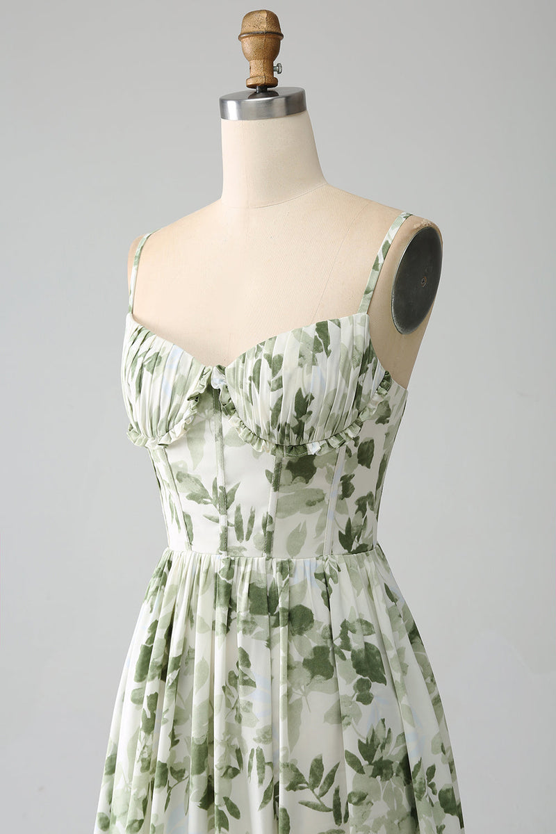 Charger l&#39;image dans la galerie, Robe de Soirée longue plissée verte à bretelles spaghetti imprimée avec fente