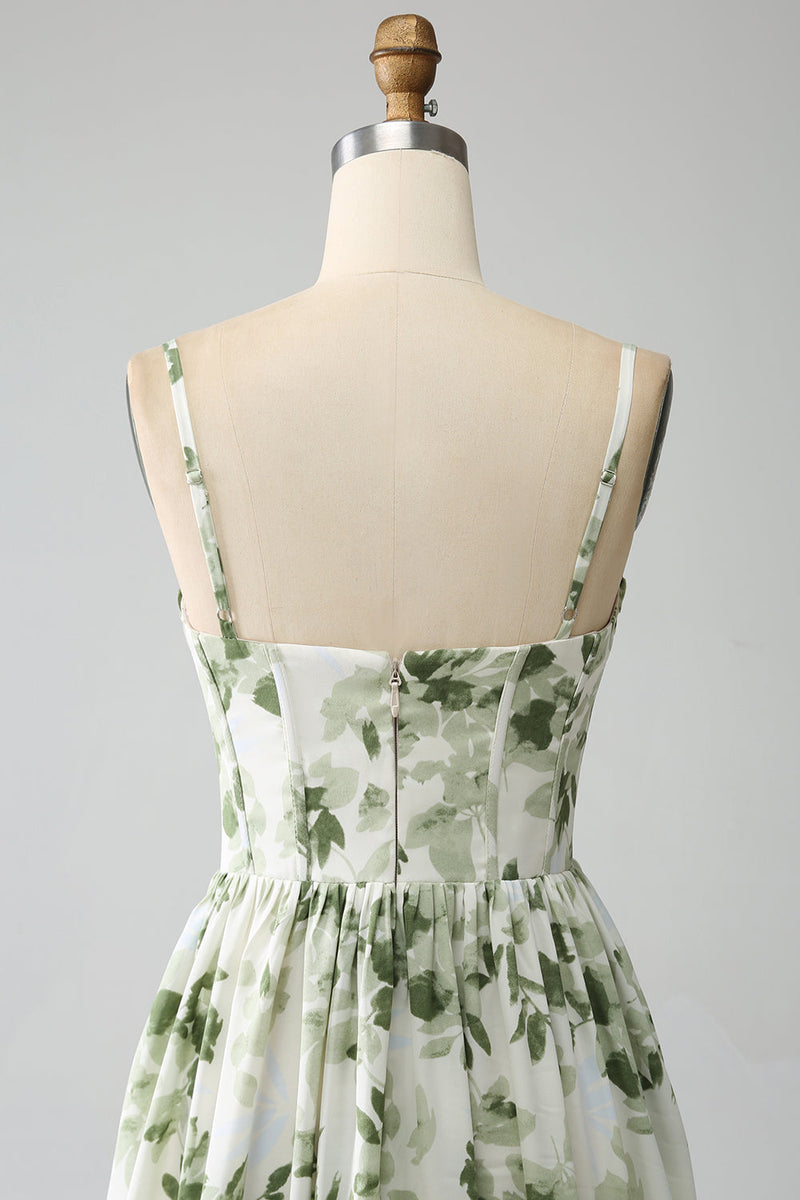 Charger l&#39;image dans la galerie, Robe de Soirée longue plissée verte à bretelles spaghetti imprimée avec fente