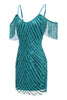 Charger l&#39;image dans la galerie, Paillettes serrées turquoise scintillante Robe courte de retour à la maison avec franges