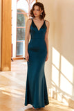 Gaine V Neck Peacock Blue Robe de bal longue avec dos croisé