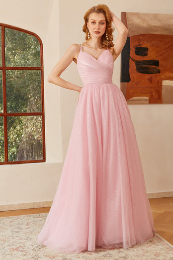 Glitter Pink Lace-Up Ruched Long Prom Robe de bal