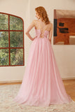 Glitter Pink Lace-Up Ruched Long Prom Robe de bal