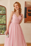 Glitter Pink Lace-Up Ruched Long Prom Robe de bal