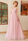 Glitter Pink Lace-Up Ruched Long Prom Robe de bal