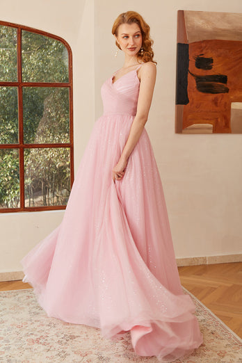 Glitter Pink Lace-Up Ruched Long Prom Robe de bal