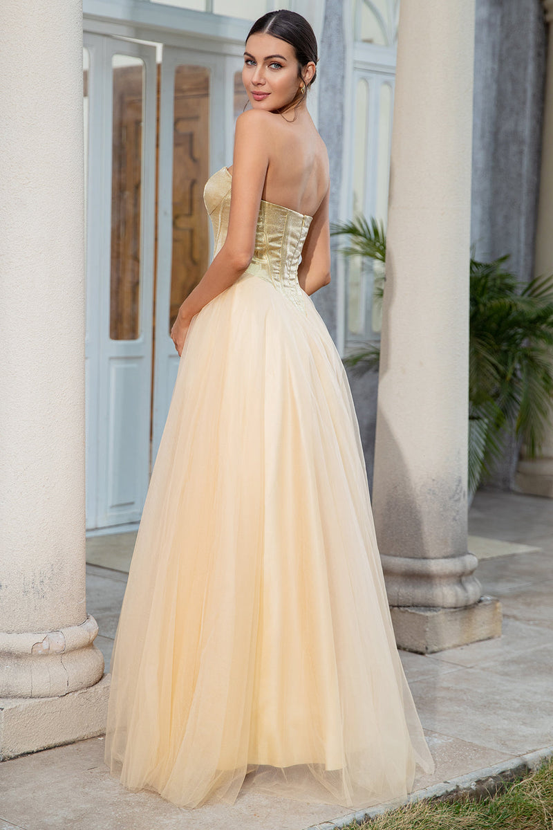 Charger l&#39;image dans la galerie, Princesse A Line Sweetheart Golden Long Prom Robe de bal