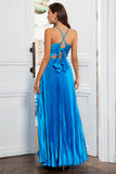 Une ligne Spaghetti Straps Lake Blue Long Prom Robe