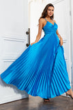 Une ligne Spaghetti Straps Lake Blue Long Prom Robe