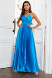 Une ligne Spaghetti Straps Lake Blue Long Prom Robe