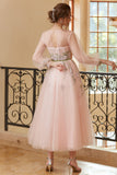 Une ligne Jewel Light Nude Tea Length Prom Robe de bal à manches longues