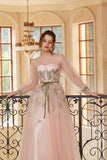 Une ligne Jewel Light Nude Tea Length Prom Robe de bal à manches longues