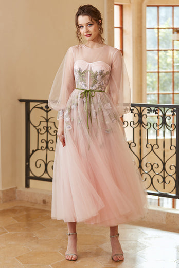 Une ligne Jewel Light Nude Tea Length Prom Robe de bal à manches longues