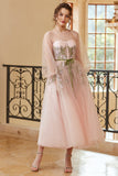 Une ligne Jewel Light Nude Tea Length Prom Robe de bal à manches longues