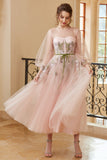 Une ligne Jewel Light Nude Tea Length Prom Robe de bal à manches longues