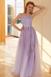 Charmante A Line Spaghetti Straps Light Purple Long Prom Robe avec Appliques