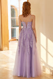 Charmante A Line Spaghetti Straps Light Purple Long Prom Robe avec Appliques