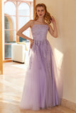 Charmante A Line Spaghetti Straps Light Purple Long Prom Robe avec Appliques