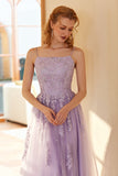 Charmante A Line Spaghetti Straps Light Purple Long Prom Robe avec Appliques