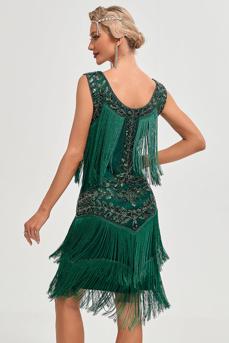 Charger l&#39;image dans la galerie, Black Gatsby des années 20 robe clapet avec paillettes et franges